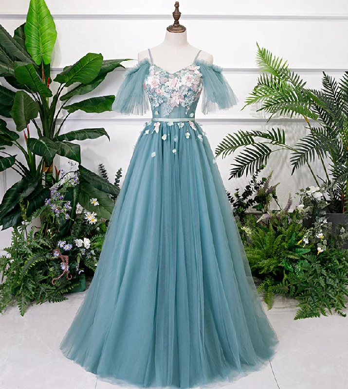 women's eco-friendly dressesBlue v neck lace long prom gown blue evening dress  8530