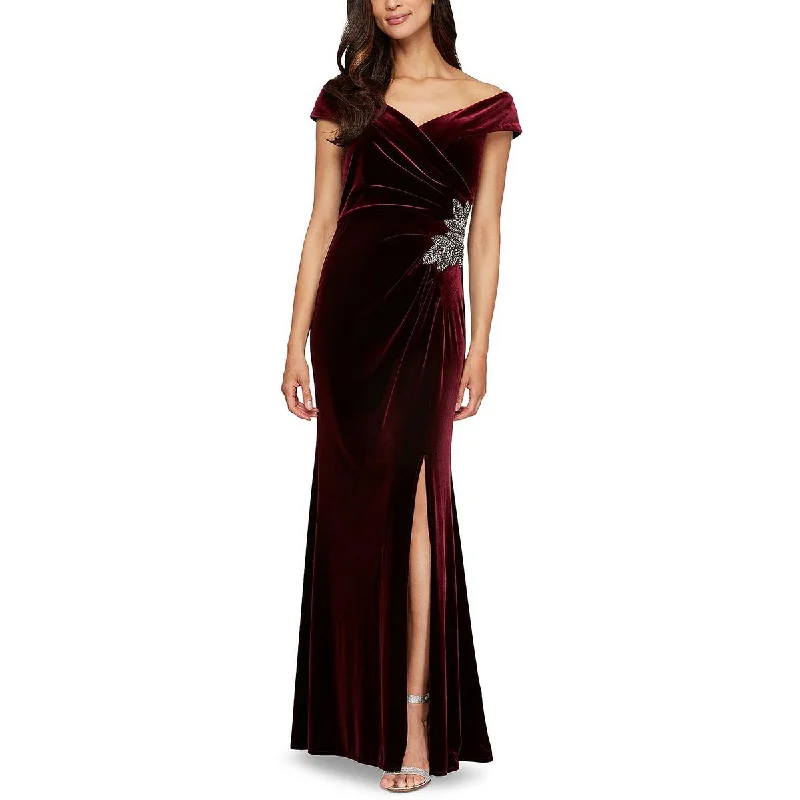 Evening DressAlex Evenings Womens Velvet Off-The-Shoulder Evening Dress