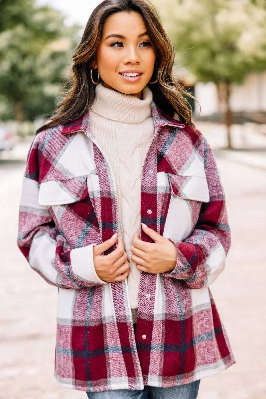 women's coats with belted waistsGet What You Want Wine Red Plaid Shacket