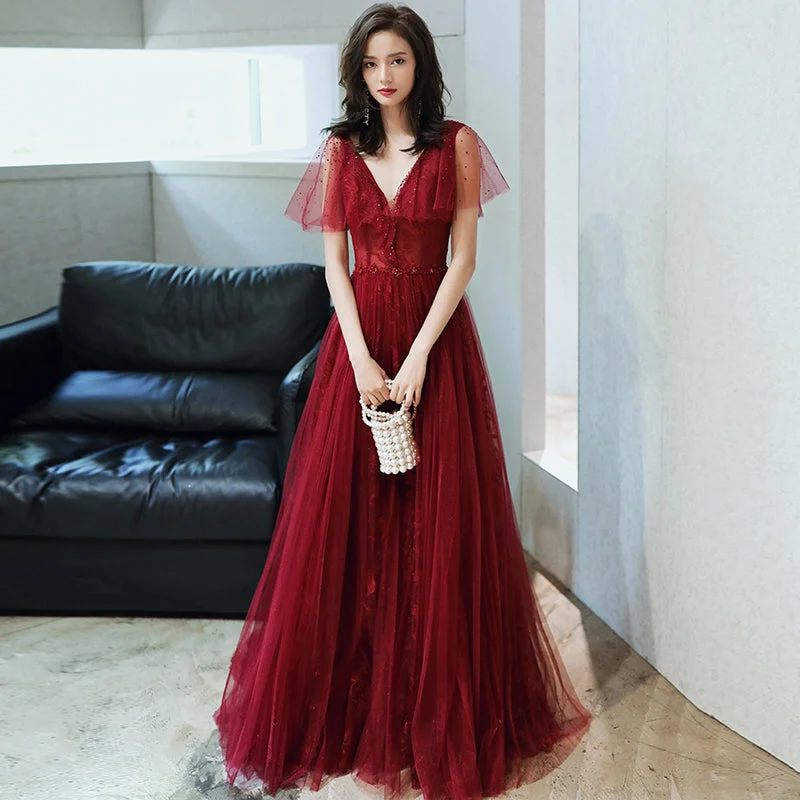 Organza DressBurgundy tulle long prom dress evening dress  8232