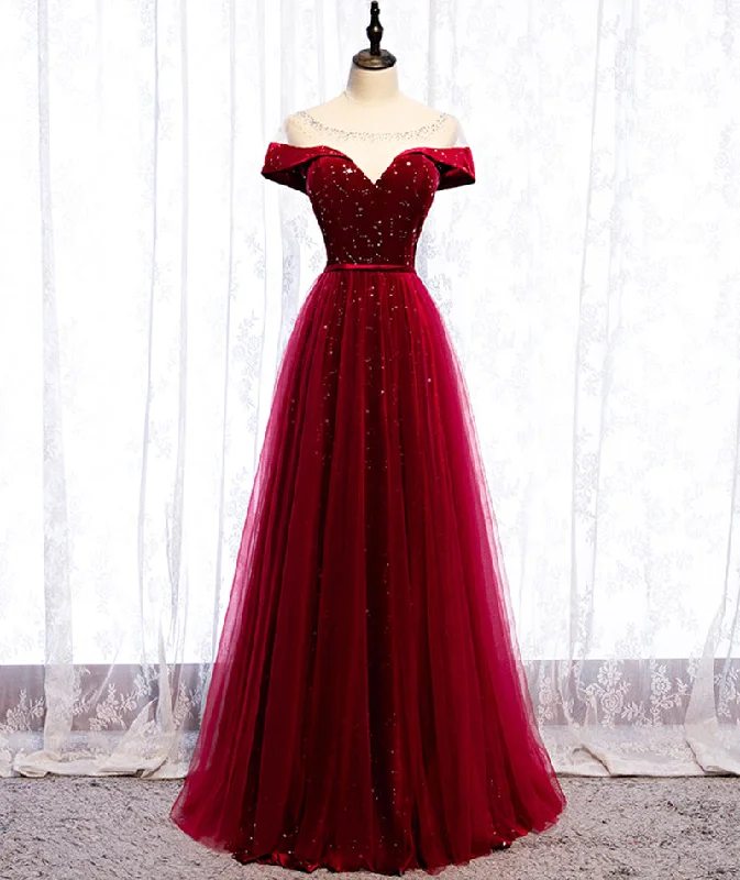 Nursing DressBurgundy velvet tulle long prom dress evening dress  8400