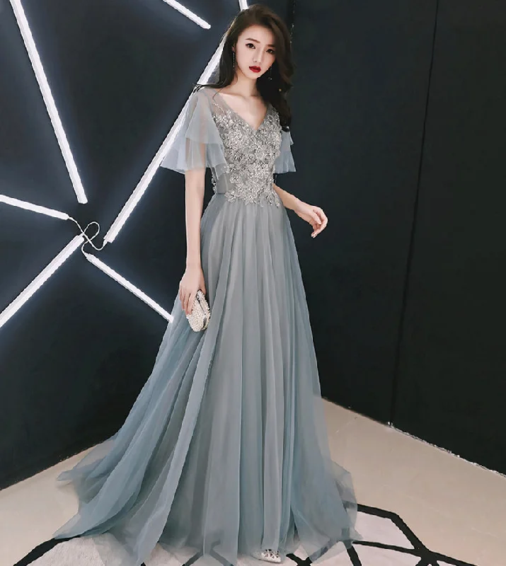 women's travel dressesGrey tulle lace long prom dress lace evening dress  8532