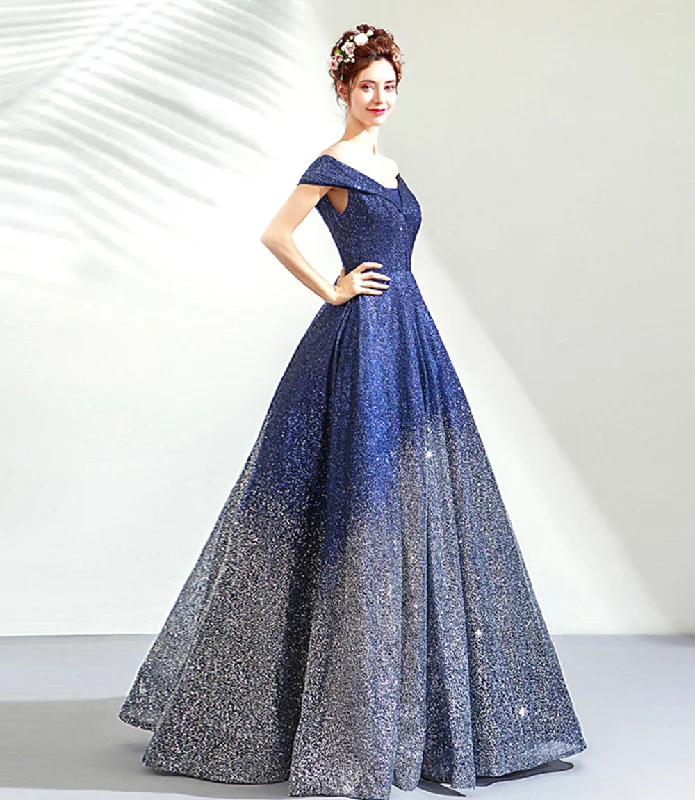 Satin DressBlue sequins long ball gown dress blue evening dress  8513