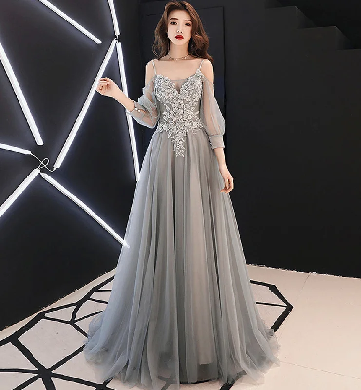 women's bridesmaid dressesGray tulle lace long A line prom dress evening dress  8477