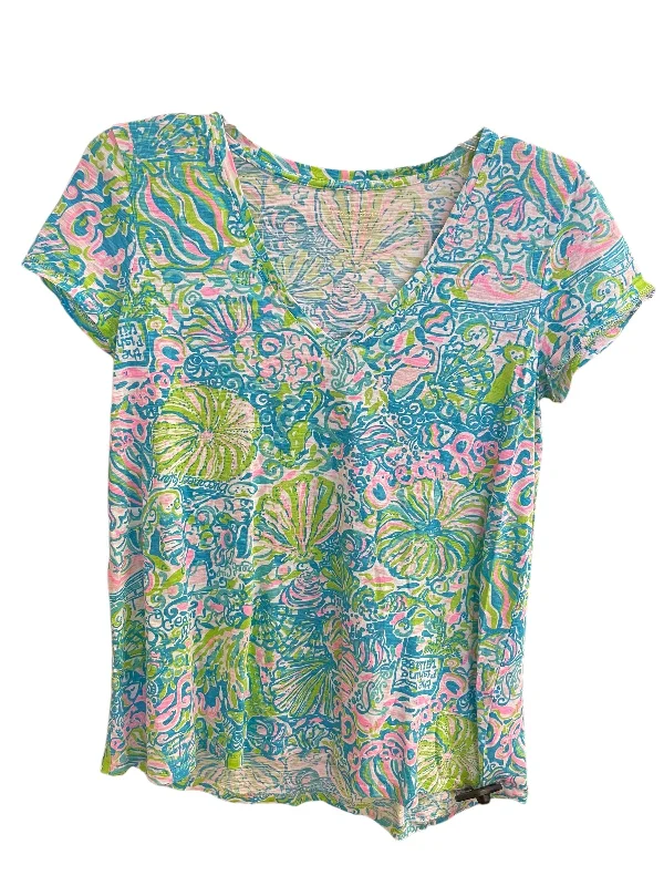 women's tops with cold-shoulder cuts and lace detailingTop Short Sleeve Basic By Lilly Pulitzer In Blue, Size: S