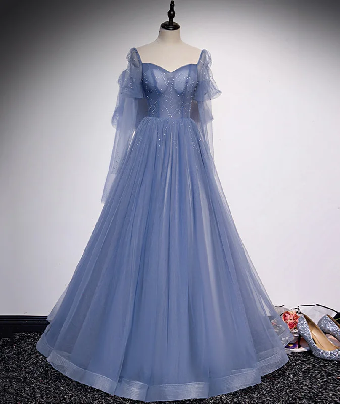 Off-The-Shoulder DressBlue tulle long prom dress simple evening dress  8430