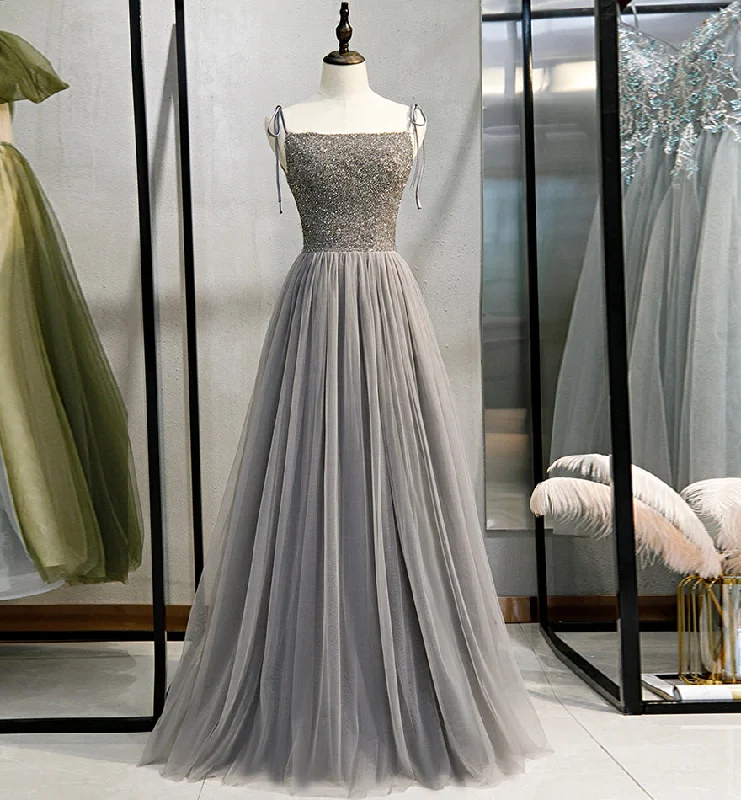 women's fashionable dressesGray tulle beads long prom gown evening dress  8437