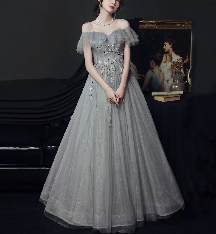 women's custom dressesGray tulle lace long prom dress evening dress  8436