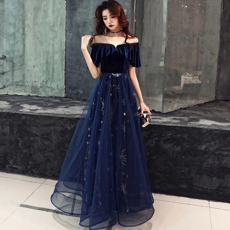 women's cocktail dressesBlue velvet tulle prom dress A line evening dress  8480