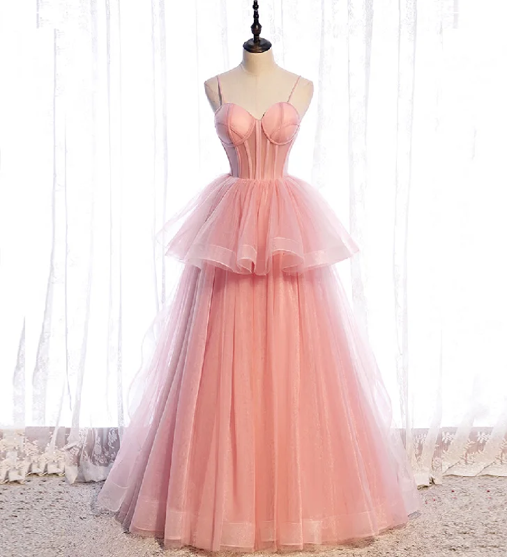 Mermaid DressPink tulle long prom dress pink evening dress  8518