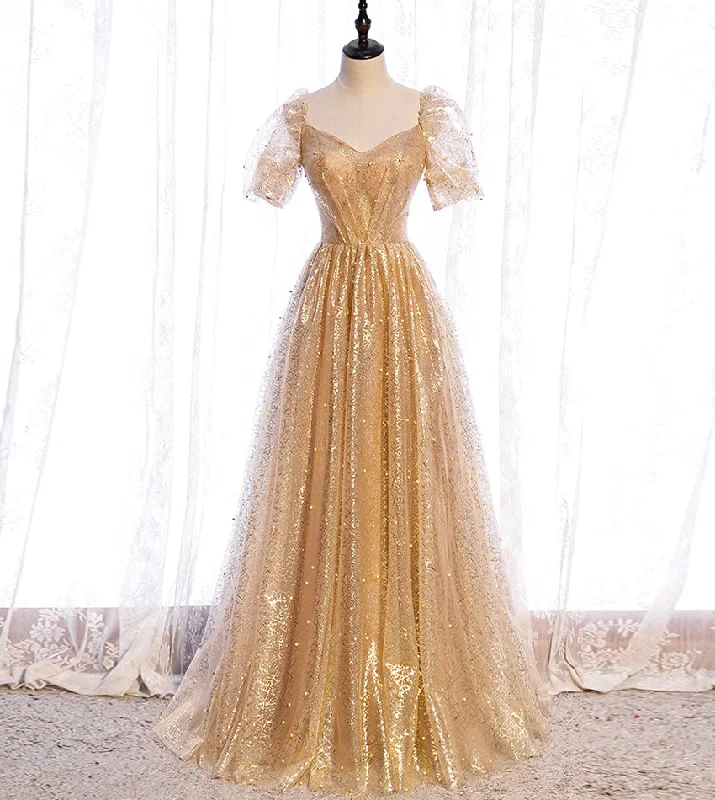 Flutter-Sleeve DressGold tulle sequins long prom dress evening dress  8428