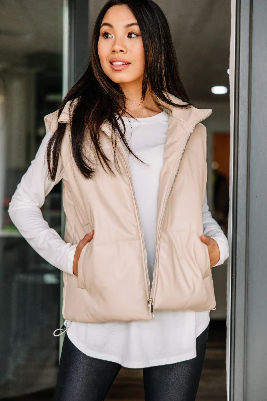 women's coats for rainy weatherGive The Sass Cream White Faux Leather Puffer Vest