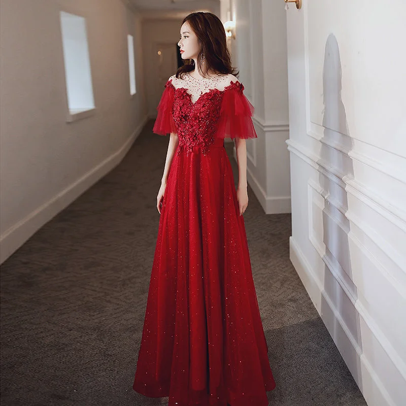 Jersey DressRed tulle lace long prom dress red evening dress  8231