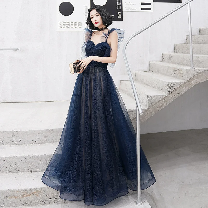 Velveteen DressBlue tulle long prom dress blue evening dress  8226