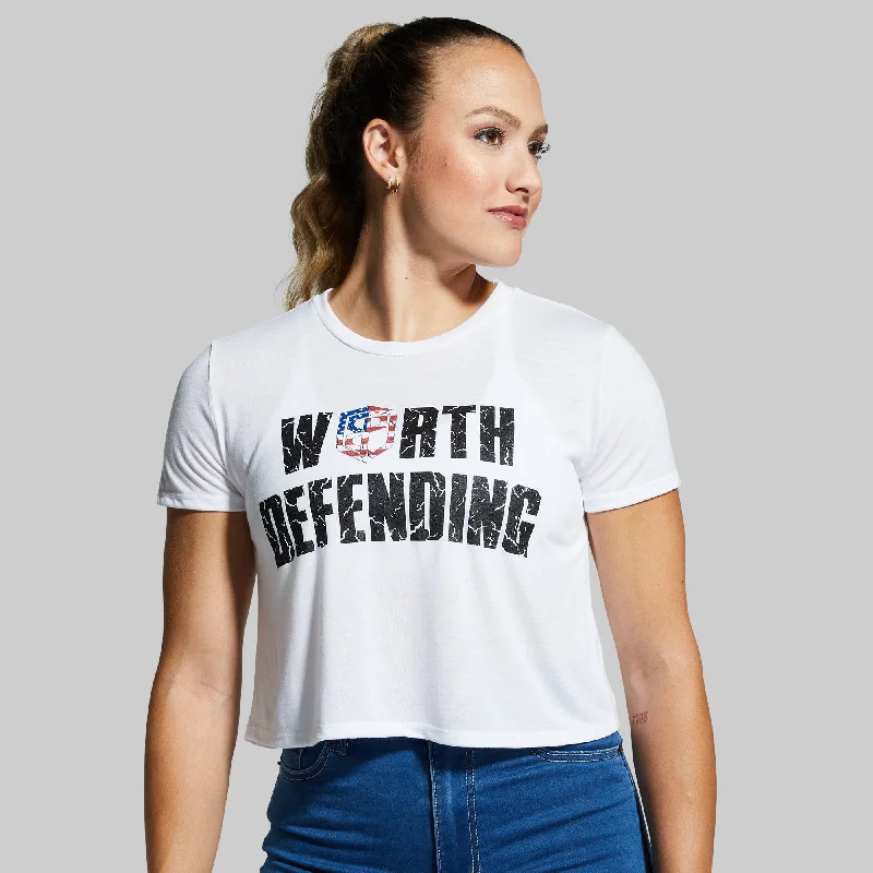 plus-size women's topsWorth Defending Crop Tee (White)