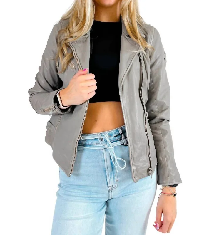 women's coats with fur collarsSofia Leather Jacket In Silver Gray