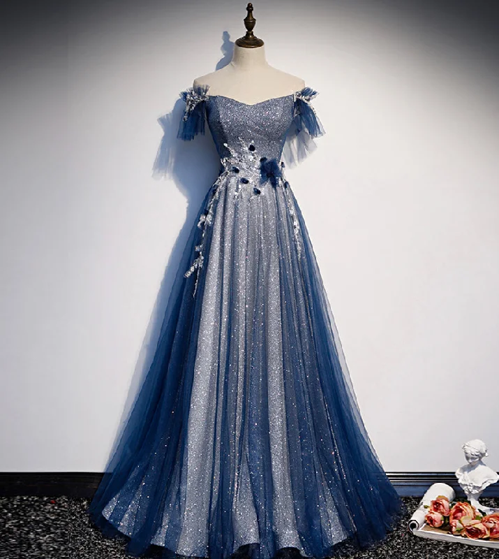 Short-Sleeve DressShiny tulle sequins long prom dress blue evening dress  8429