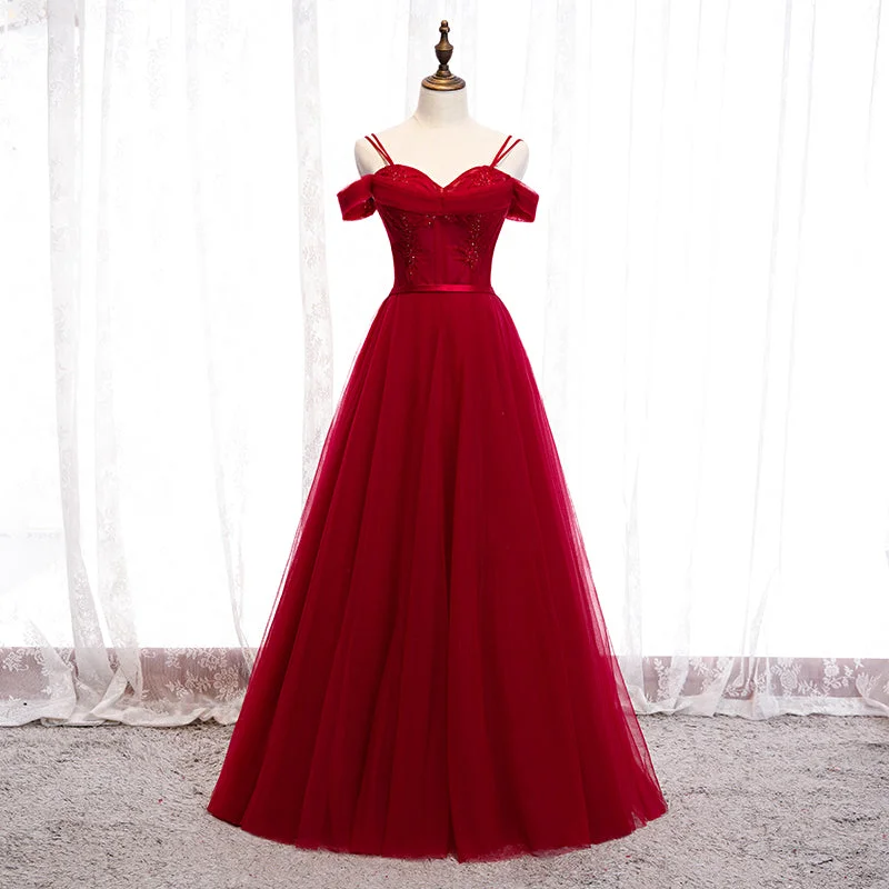 Casual DressBurgundy tulle long prom dress evening dress  8261