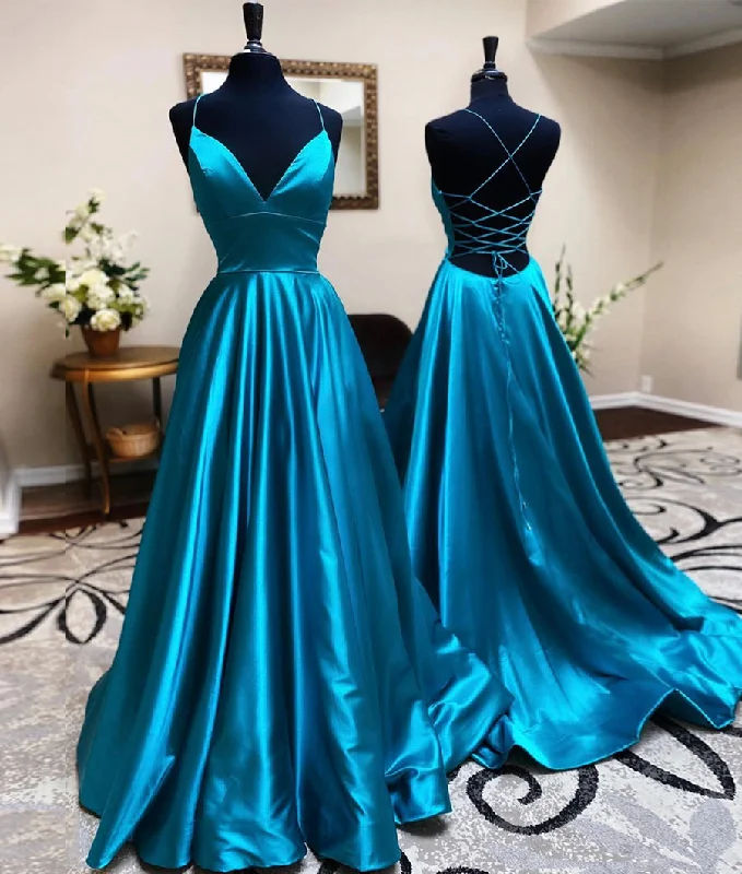 women's ethical fashion dressesBlue satin long prom dress simple evening dress  8445