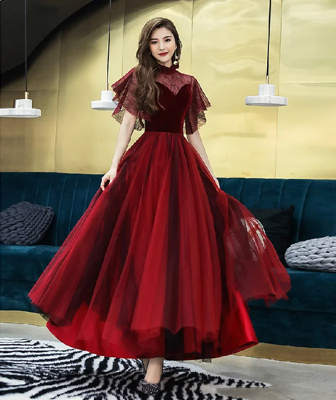 women's spaghetti strap dressesBurgundy velvet tulle prom dress burgundy evening dress  8380