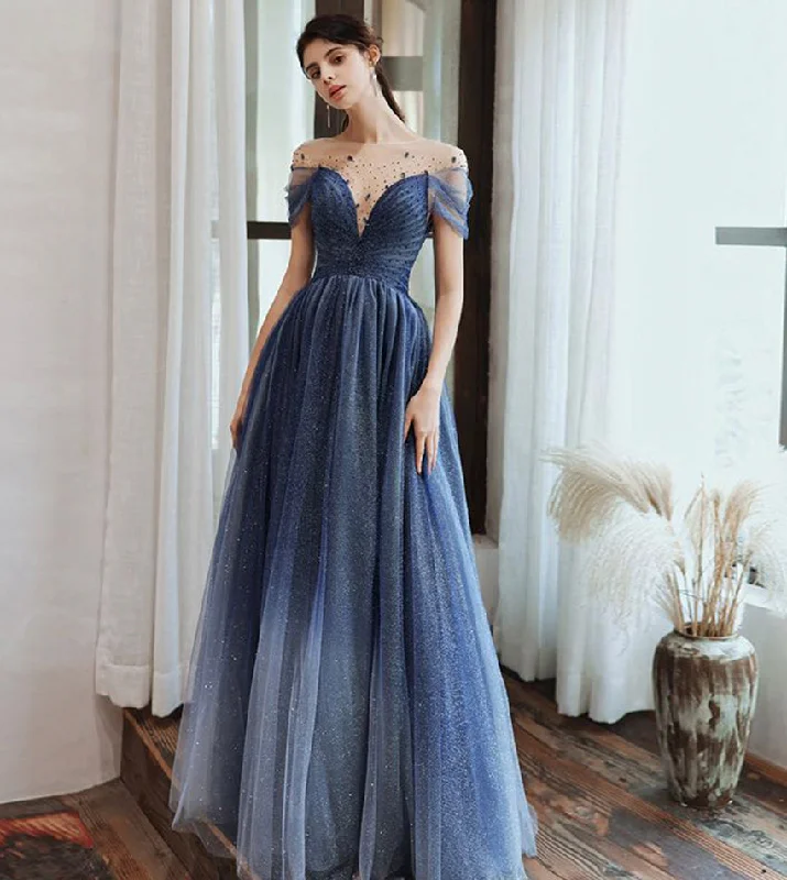 women's limited-edition dressesBlue tulle beads long prom dress evening dress  8434