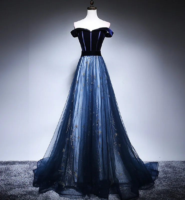 women's party dressesBlue velvet tulle long prom dress evening dress  8449