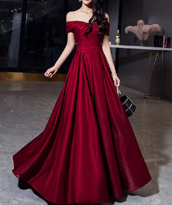 Petite DressShiny satin long prom dress burgundy evening dress  8489