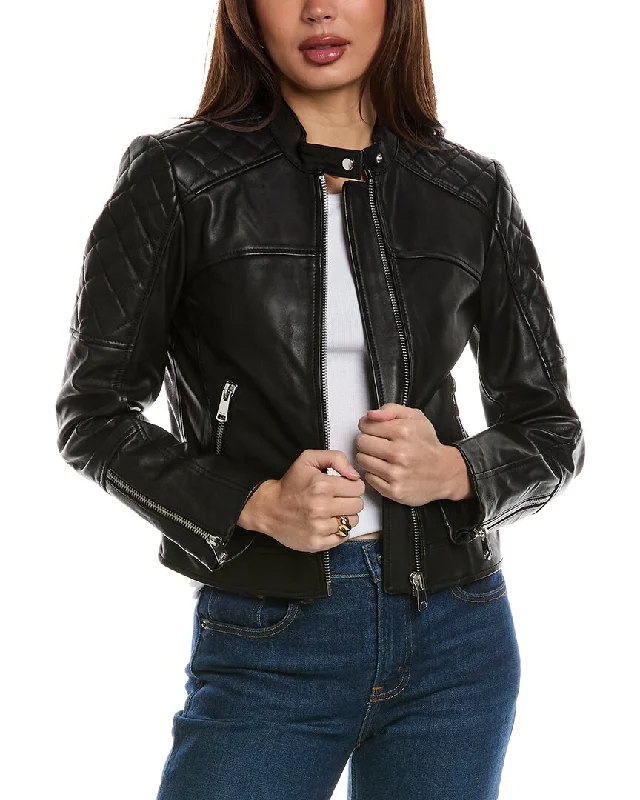 women's coats with velvet finishesReiss Adelaide Collarless Leather Biker Jacket