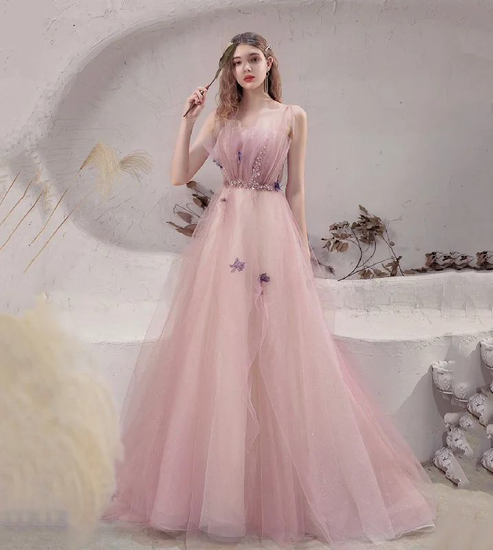 Bow-Tie DressPink tulle long A line prom dress evening dress  8570