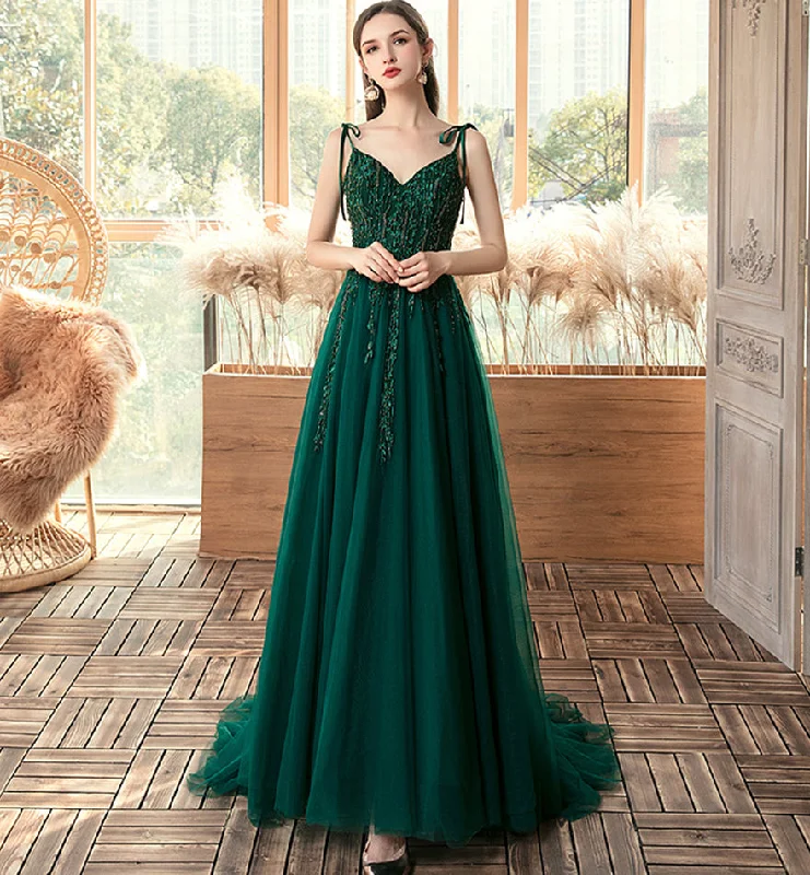 women's wrap dressesGreen tulle lace long prom dress evening dress  8458