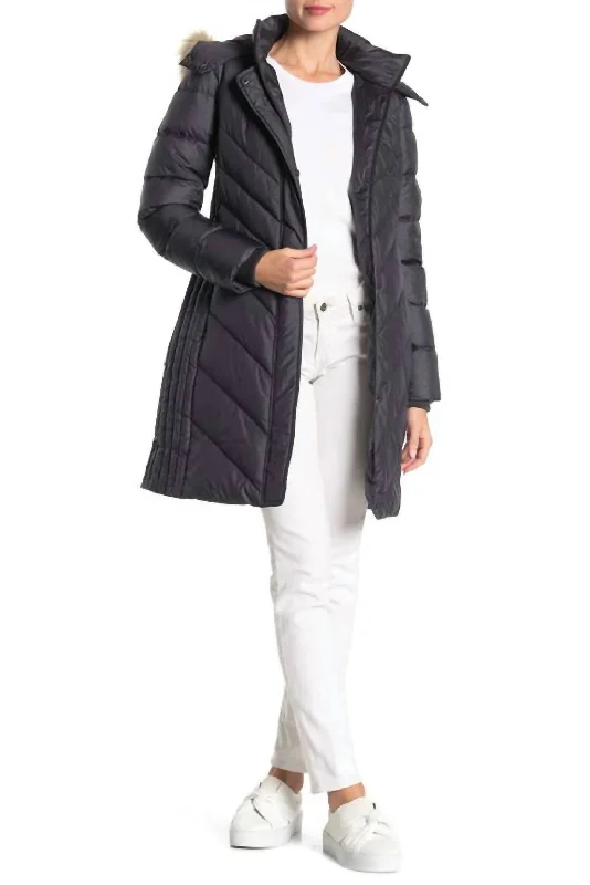 women's coats with velvet finishesMid Length Faux Fur Hooded Puffer Jacket In Gray