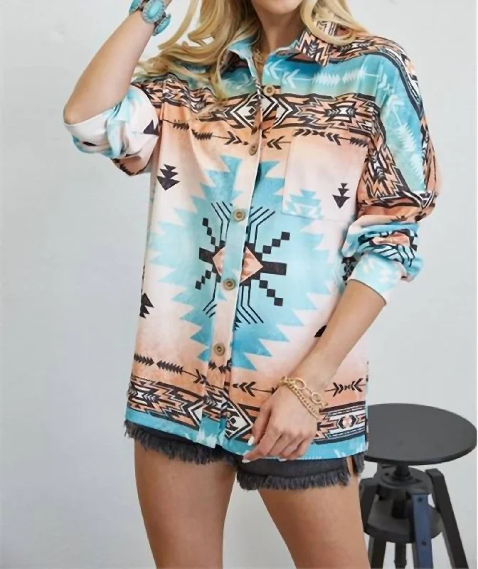 women's coats for winter sports enthusiastsAbigail Aztec Print Shacket In Turquoise/coral