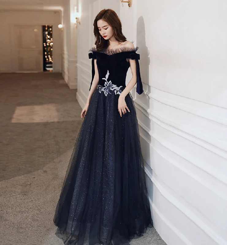 women's flowy dressesBlue velvet tulle long prom dress evening dress  8457