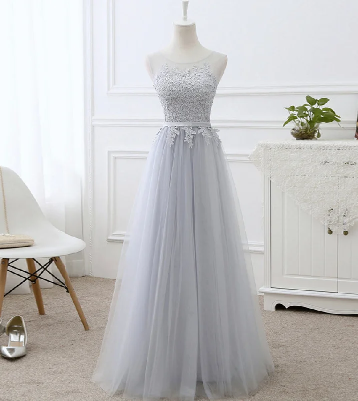 women's luxury dressesGray tulle lace prom dress A line evening dress  8442