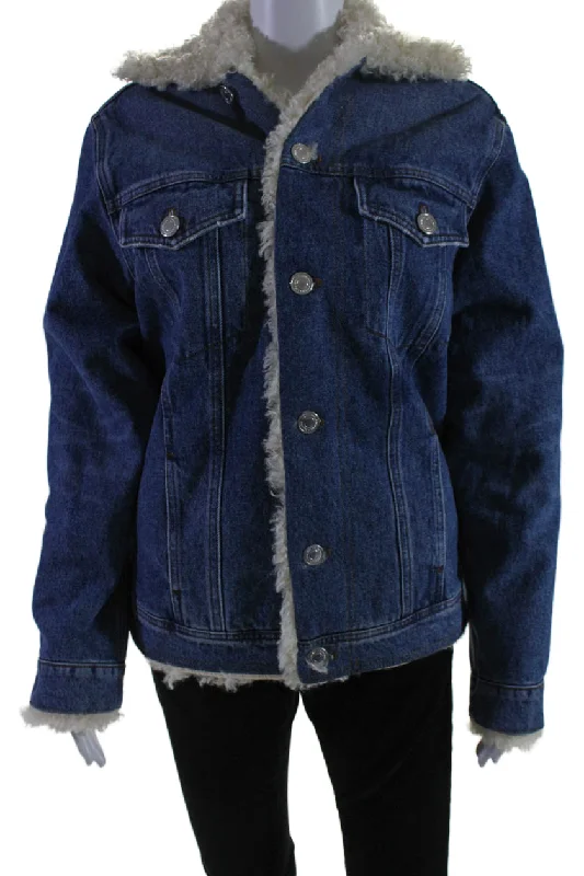 plus-size women's coatsAMI Alexandre Mattiussi Womens Faux Fur Lined Jean Jacket Blue Denim