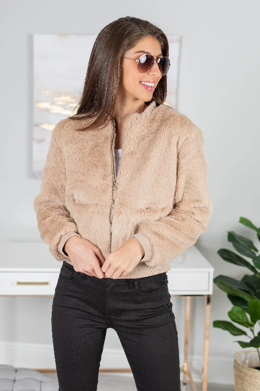 women's coats for day-to-night transitionsOn Tempo Taupe Brown Faux Fur Bomber Jacket