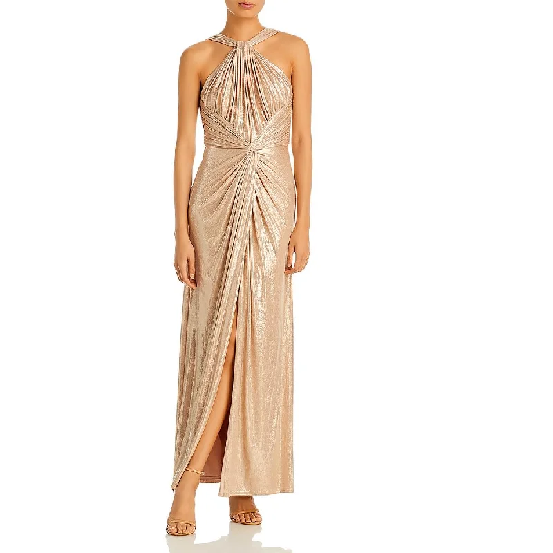 Zip-Up DressTadashi Shoji Womens Metallic Halter Evening Dress