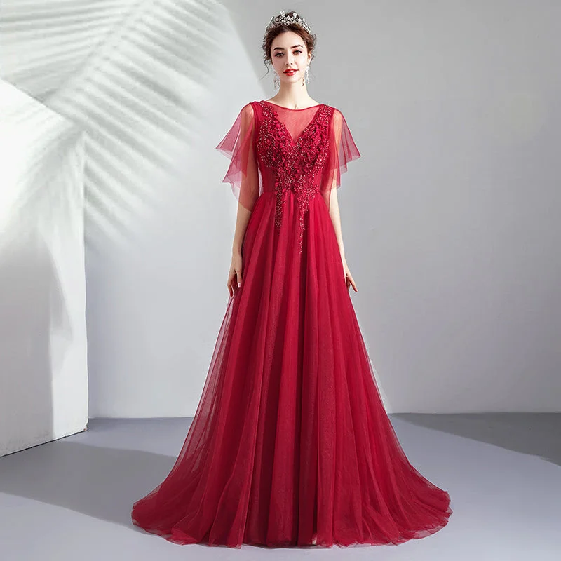 Bridesmaid DressBurgundy tulle lace long prom dress evening dress  8256