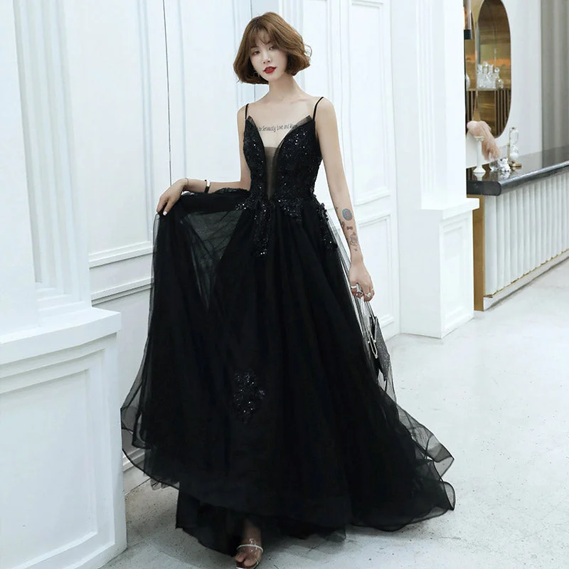 Skater DressBlack v neck tulle beads long prom dress evening dress  8213