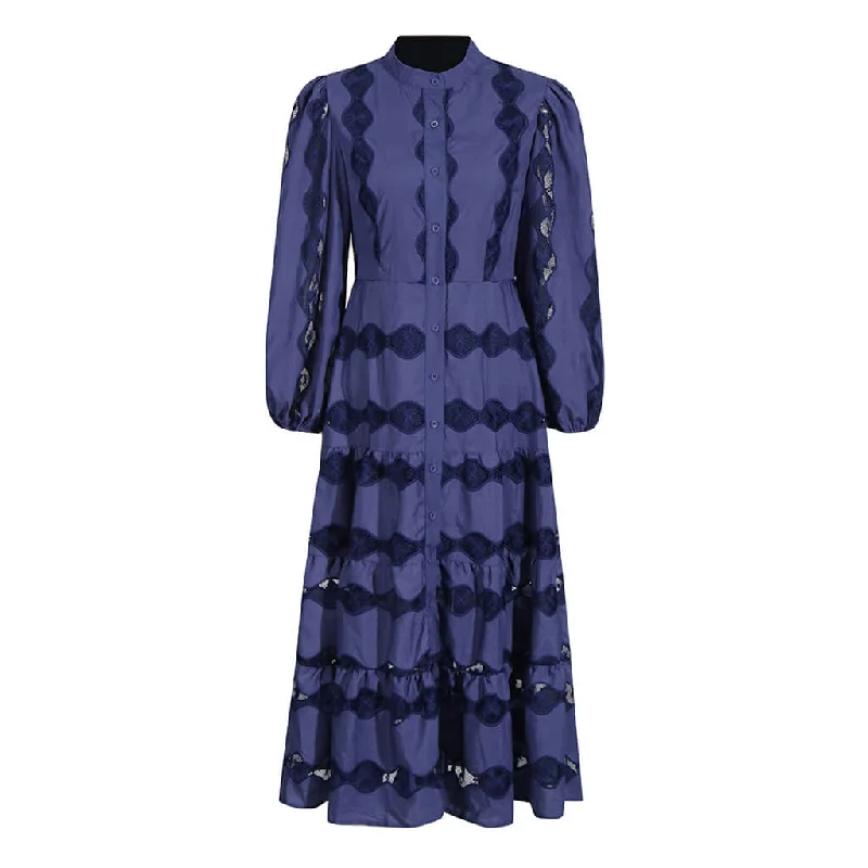 women's statement dressesRegal High Neck Blouson Sleeve Button Down Floral Embroidered Midi Dress