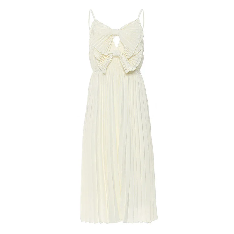 women's designer dressesCute V Neck Big Dual Bow Spaghetti Strap Pleated Midi Chiffon Slip Dress