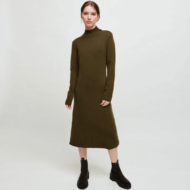 Empire DressChic Long Sleeve Button Trim High Neck Midi Sweater Dress - Army Green