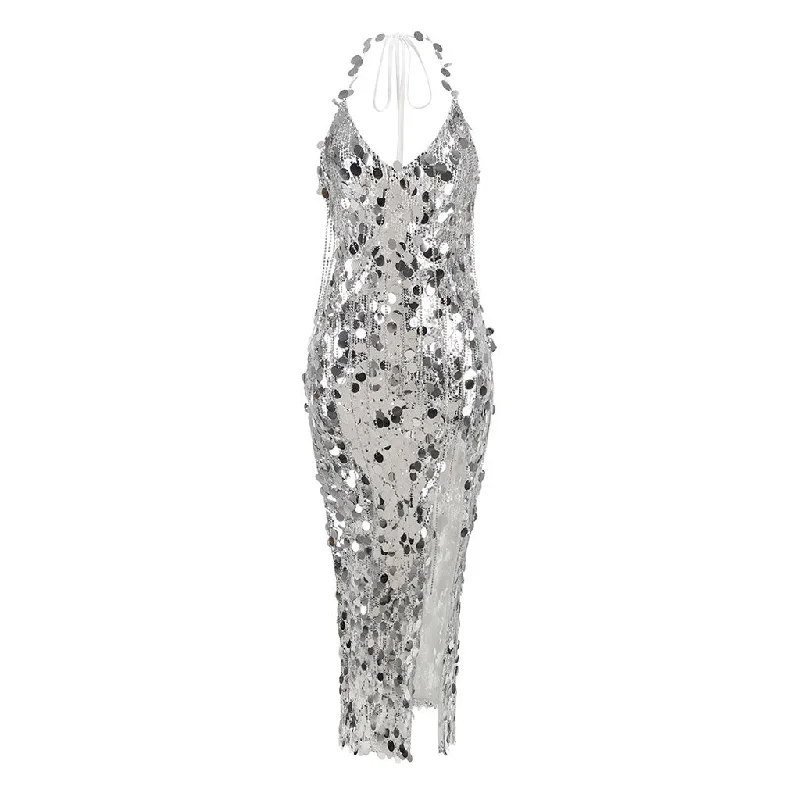 women's retro dressesShimmering Halter Crystal Fringe Sequin Embellished Split Midi Cocktail Dress