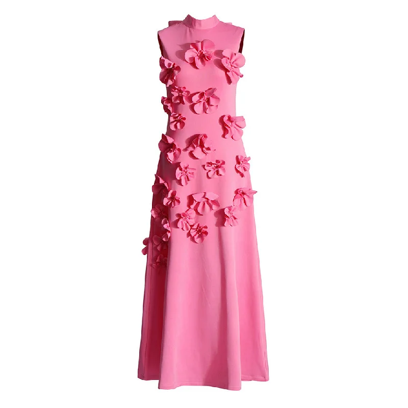 Peter Pan Collar DressElegant Mock Neck Bow Tie Back Sleeveless A Line Rosette Midi Dress