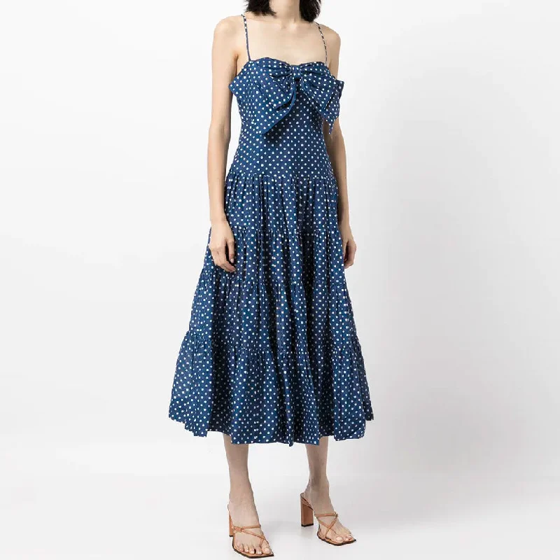 Ball Gown DressAdorable Polka Dot Bow Trim A-Line Slip Midi Dress - Blue