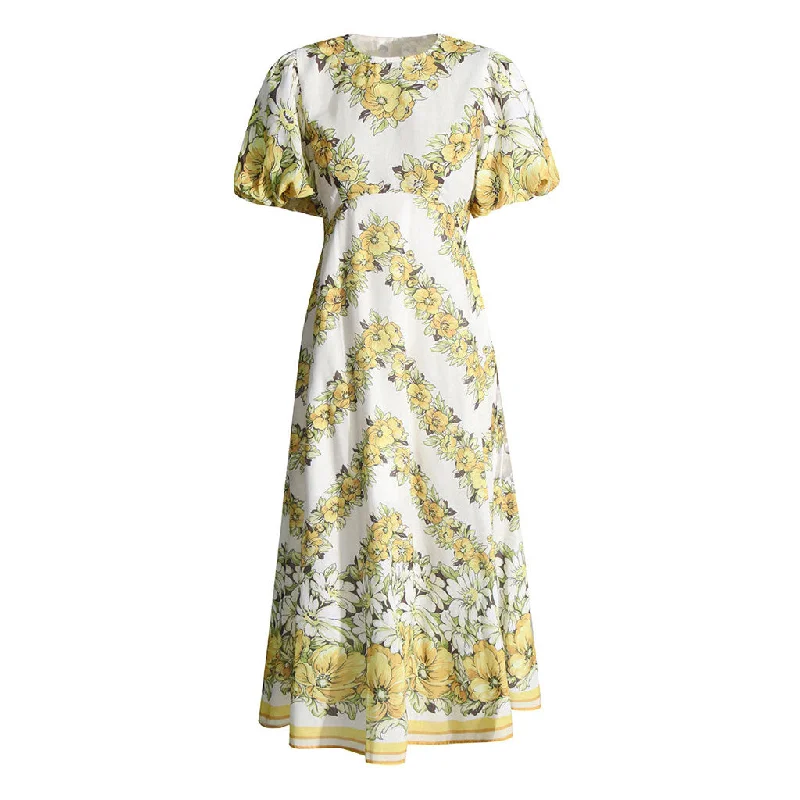 women's high-end dressesVintage Crew Neck Puff Sleeve Empire Waist Summer Floral Print Midi Dress