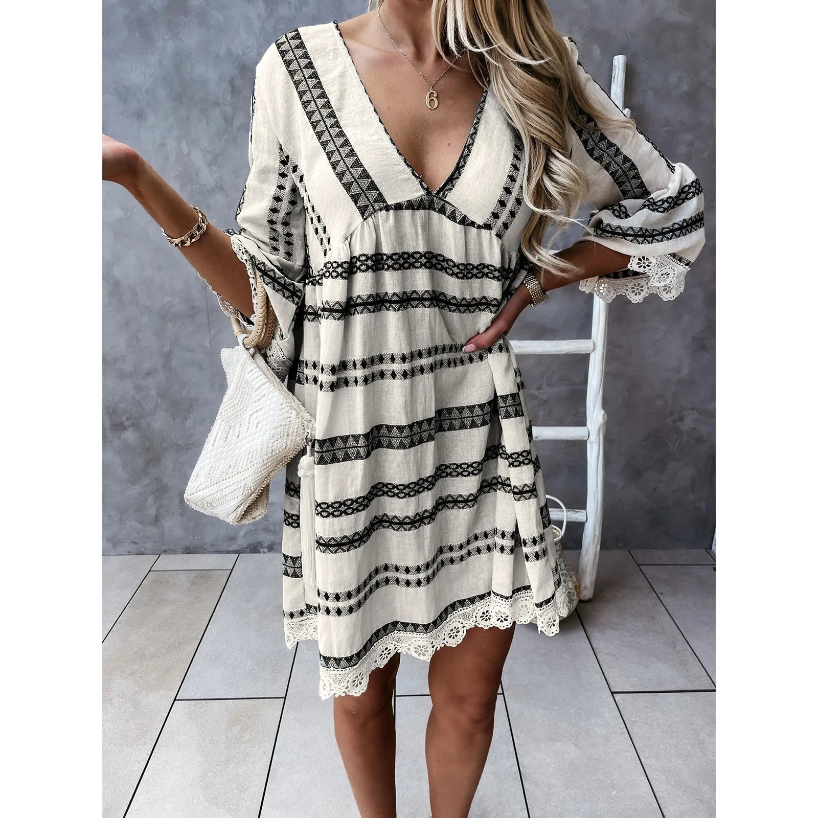 women's flutter-sleeved dressesJuliaFashion - Boho Women Lace Hem 2024 Lace Tassels Deep V-Neck Long Sleeve Printed Mini Women Spring Summer Casual Party Dress