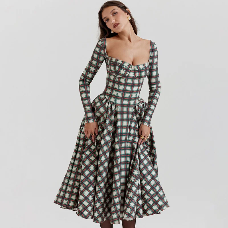 Bow-Tie DressVintage Bustier Tartan Pattern Pleated Winter Long Sleeve Midi Dress