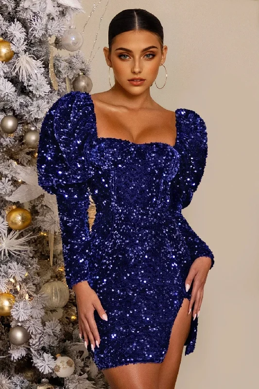 women's sheath dressesJuliaFashion - 2024  Solid Sequins Square Neck Puff Sleeve Club Mini Dress