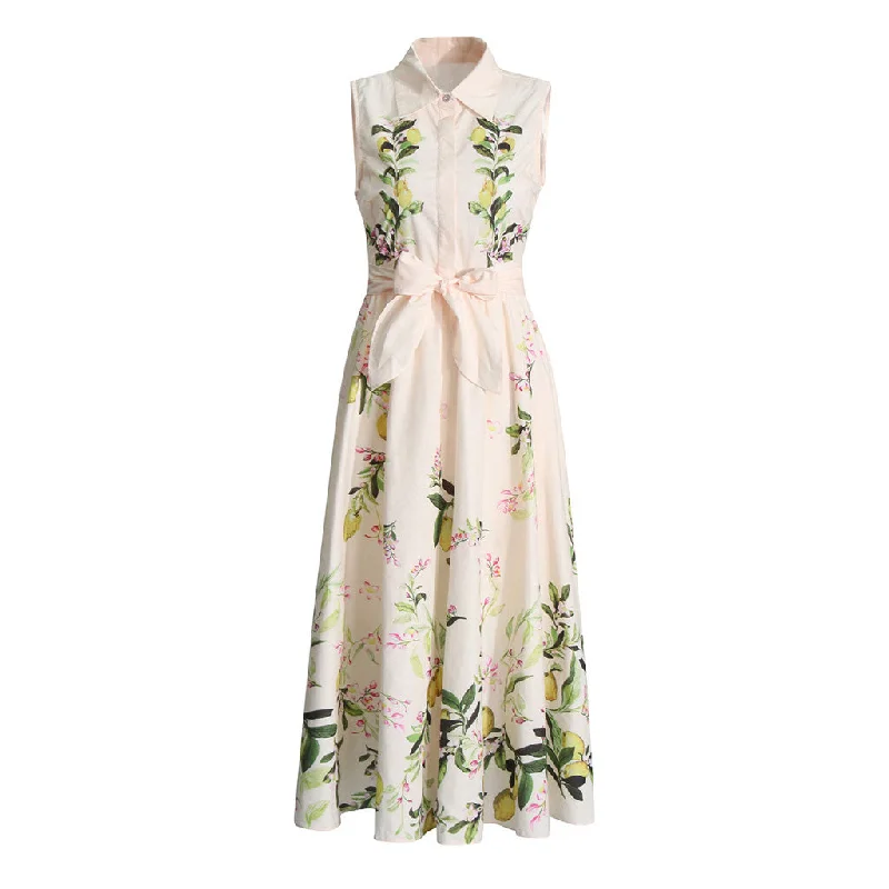 Lace DressElegant Fruit Printed Folded Collar Button Up Sleeveless Tie Belt Midi Dress